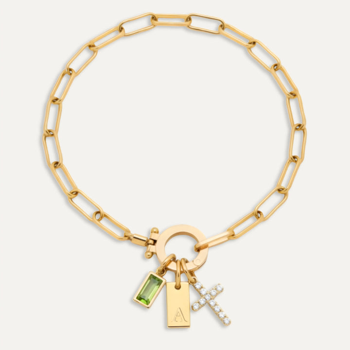 Pulsera Paperclip con iniciales y piedra de aniversario, plata 925