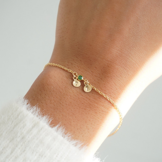 Bracelet with hand-stamped initials and birthstone, sterling silver 925