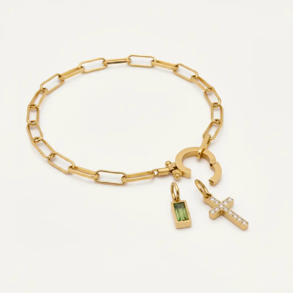 Pulsera Paperclip con Iniciales y Piedra de Aniversario