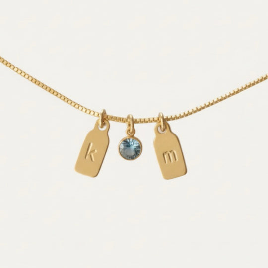 Necklace with stamped initials and birthstone, 925 silver